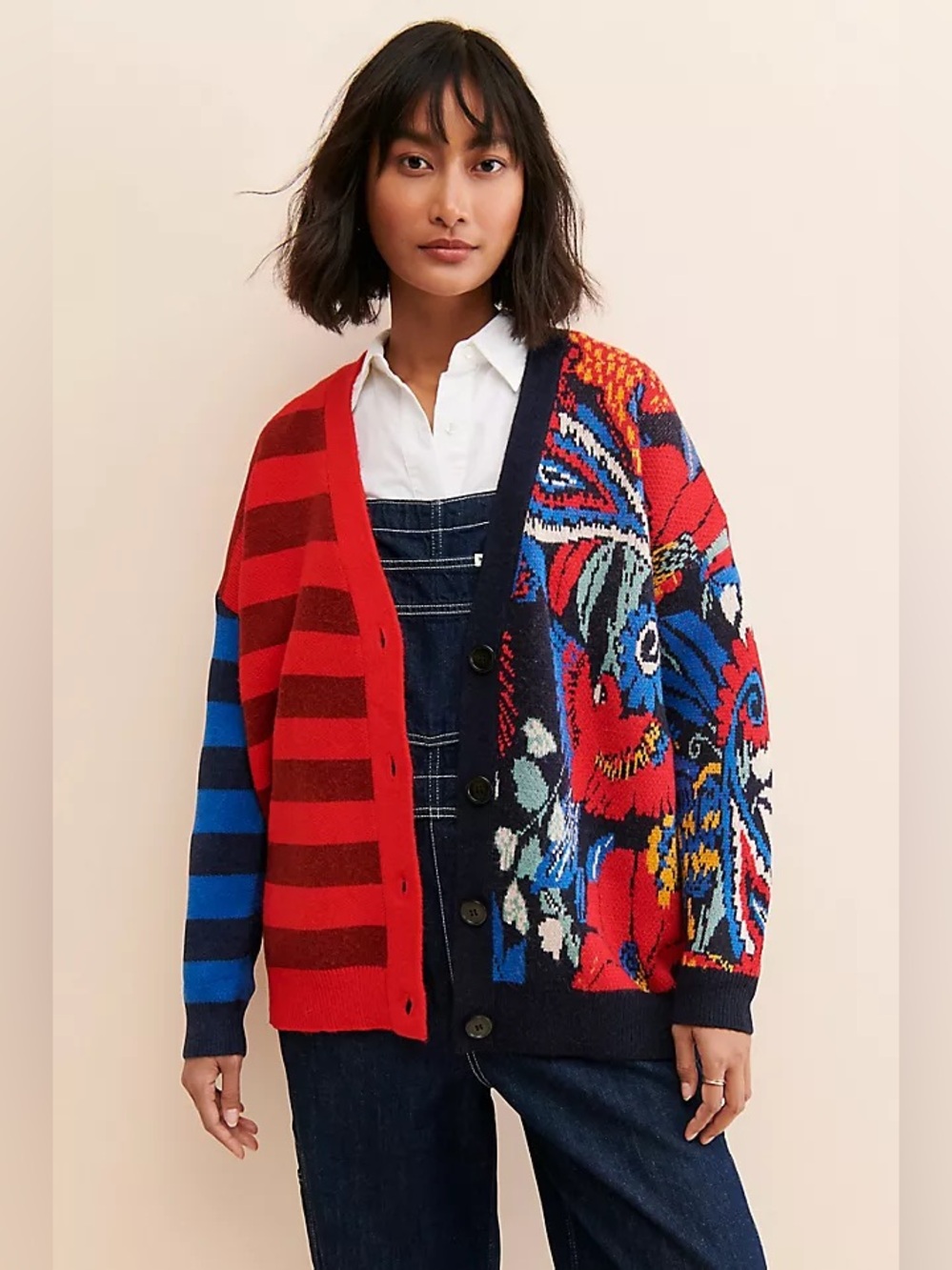 Farm Rio Oversized Vintage Forest Macaw Striped Cardigan Sweater Size Medium